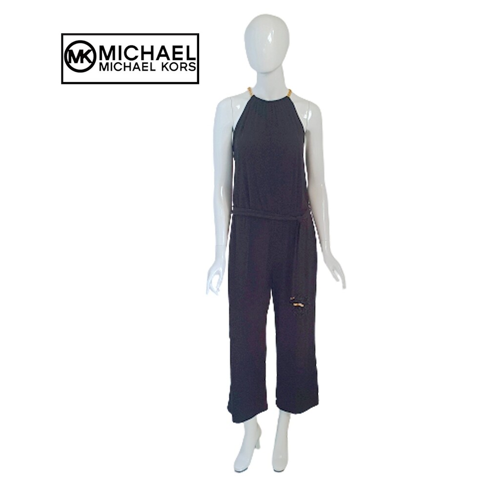 MICHAEL Michael Kors NEW Halter Gold Chain Straps Sash Tie Cropped Jumpsuit M